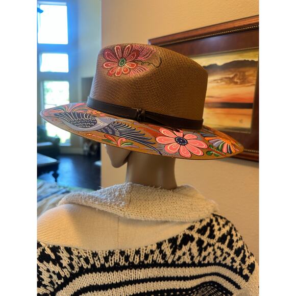 BOHO Hand Painted Artesian Mexican Straw Fedora Hat Floral Birds Artsy SZ Large - Picture 14 of 16